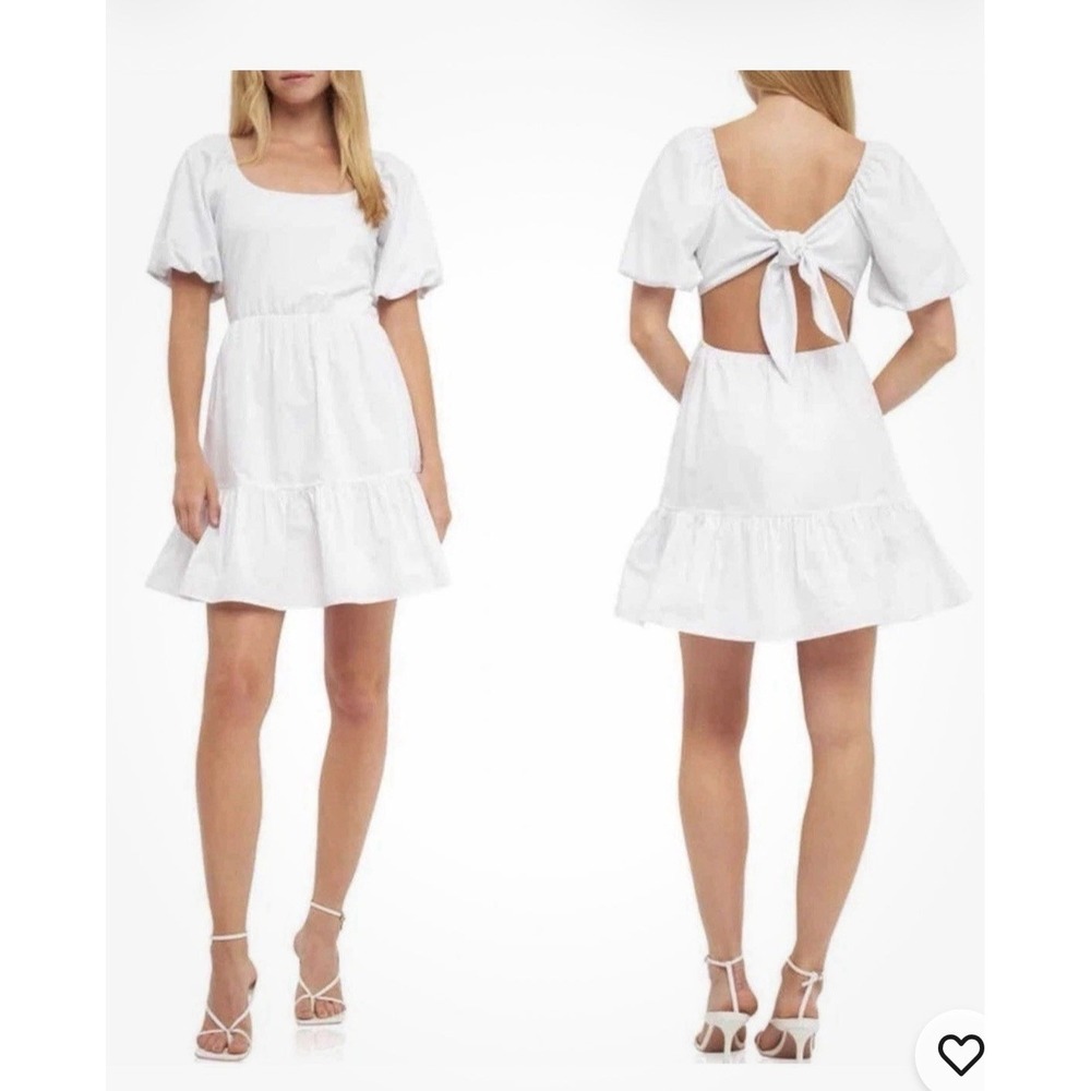 English Factory White Mini Dress Open Back Tie Puff Sleeve Mixed Media Size S - Picture 4 of 6